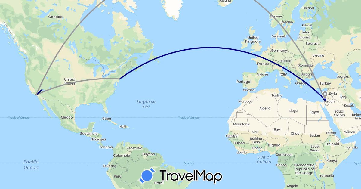 TravelMap itinerary: driving, plane in Israel, United States (Asia, North America)